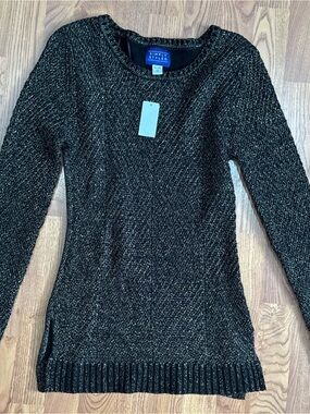 ❤️ NWT Small Gold Metallic Thread Black Crewneck Sweater Holiday Mini Dress (B13